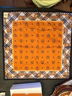 MCM Black, Orange and Cream Chain-Print Silk Scarf